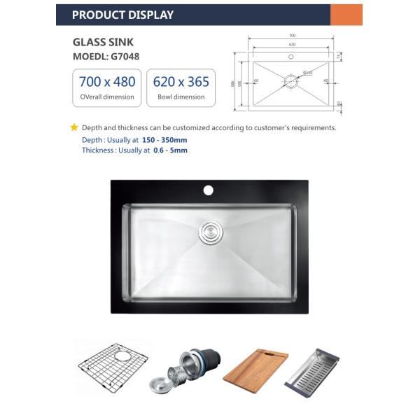 70x48 Tempered Glass Kitchen Sink 28' Undermount Single Bowl