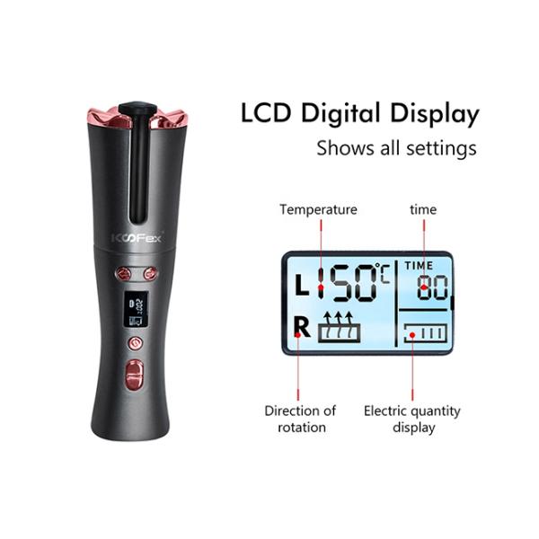 Rotating Ceramic Wireless Hair Curler Portable 6 Temperature LCD Display