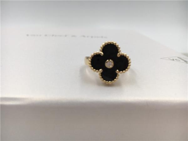 Vintage redondo Alhambra do anel de ouro do diamante/ônix 18K para o casamento/acoplamento