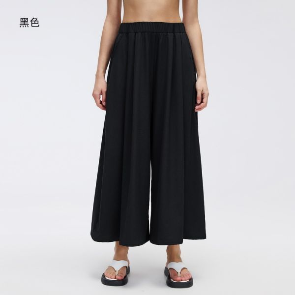 Black High Waist Wide Leg Culottes with Elastic Waistband for Casual and Summer Wear