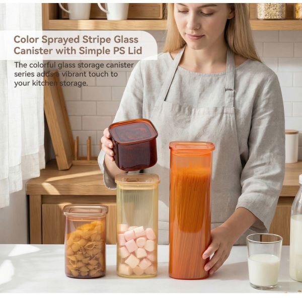 IKOO Factory Supplier 500ml 1000ml 1500ml Color Sprayed Stripe Glass Canister with Food-Grade PS Plastic Lid