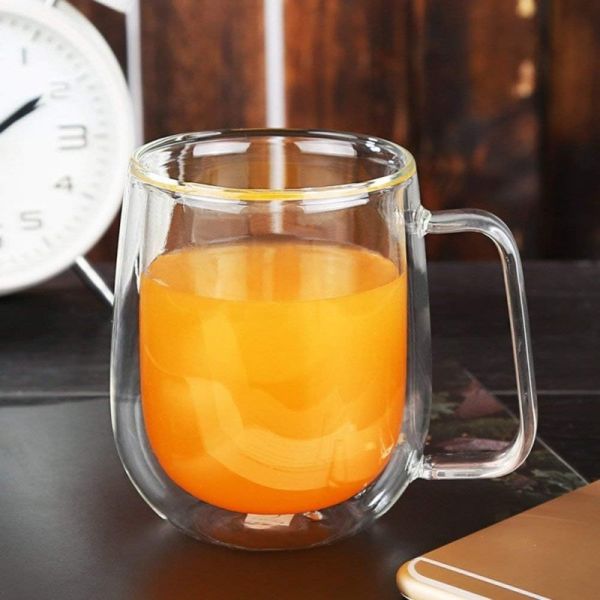 250ml Wholesale Custom Environmental High Borosilicate Coffee Double Walled Glass Water Coffee Cup Breakfast Cup with Handle