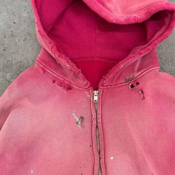 Acid Wash Zip Up Hoodie Mens Women'S 500gsm Blank Pink Acid Wash Vintage Ripped Hole Distressed