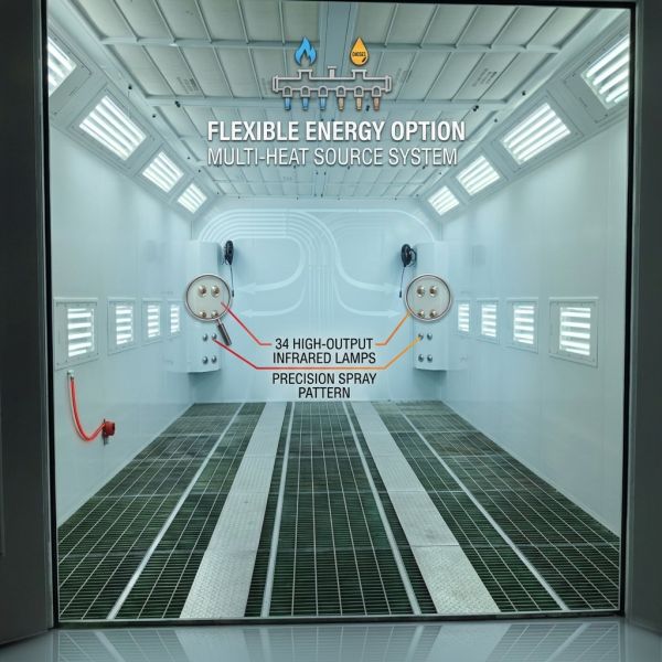 Dual Fuel Diesel Gas Turbo Fan Car Spray Booth 34 Pcs Infrared Lamps Multi-Heat Source Auto Body Paint Room Flexible Energy