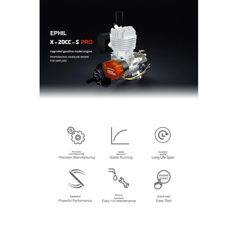 X-20cc-S PRO Model Single Cylinder Two-Stroke Side Exhaust Fixed Wing Airplane Gasoline Engine Electric Start Metal