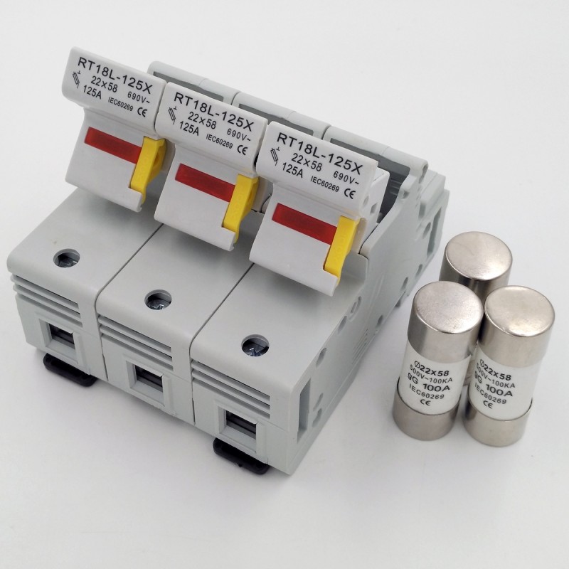 High Thermal Breaking Capacity 690V 3P Cylindrical Fuse Base 125A RT18-125X Low Voltage Thermal Fuse Holder 22*58 Fuse Link