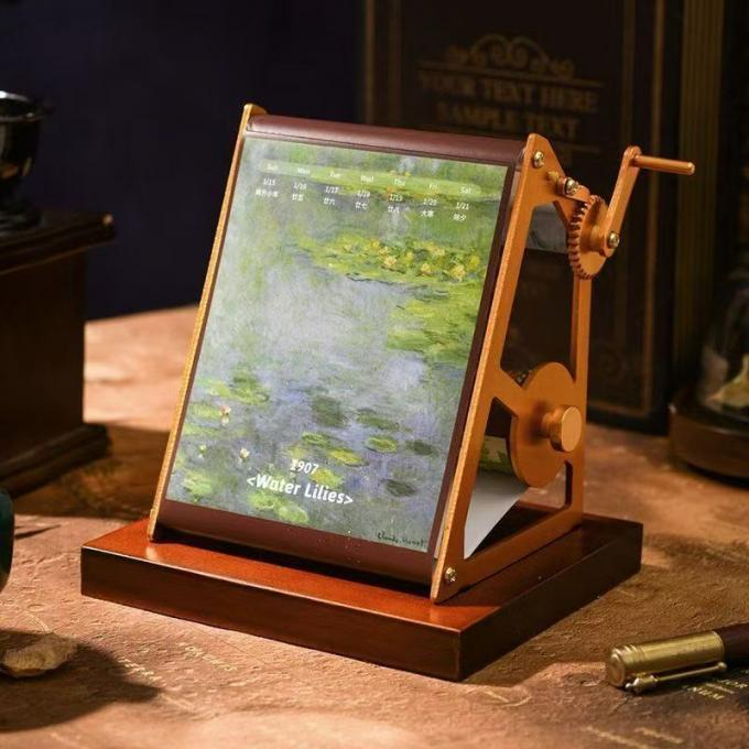 Mechanical Hand-Crank Art Calendar With Wooden Stand For Office Decor