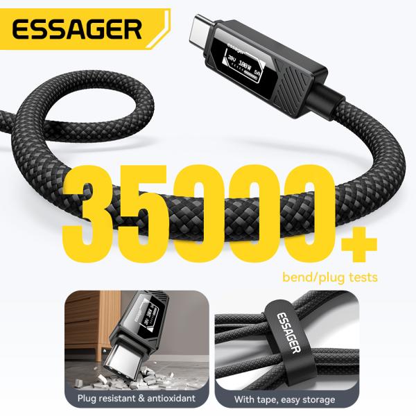 ESSAGER ES-X74 100W 5A USB C a USB C Cable de datos con pantalla LED