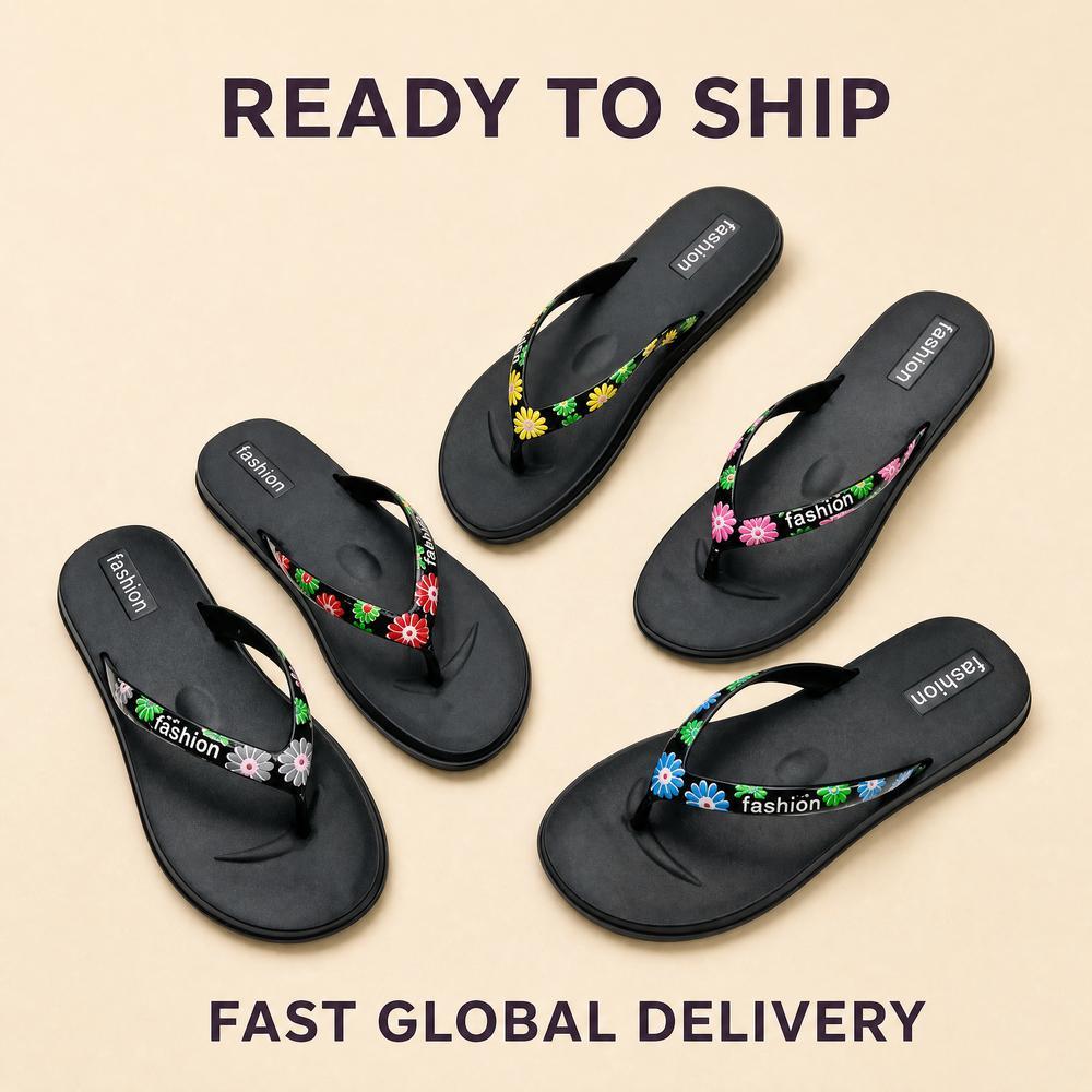 Daisy Print Wedge Flip Flops with Printed Strap Lettering | Source Factory Supply