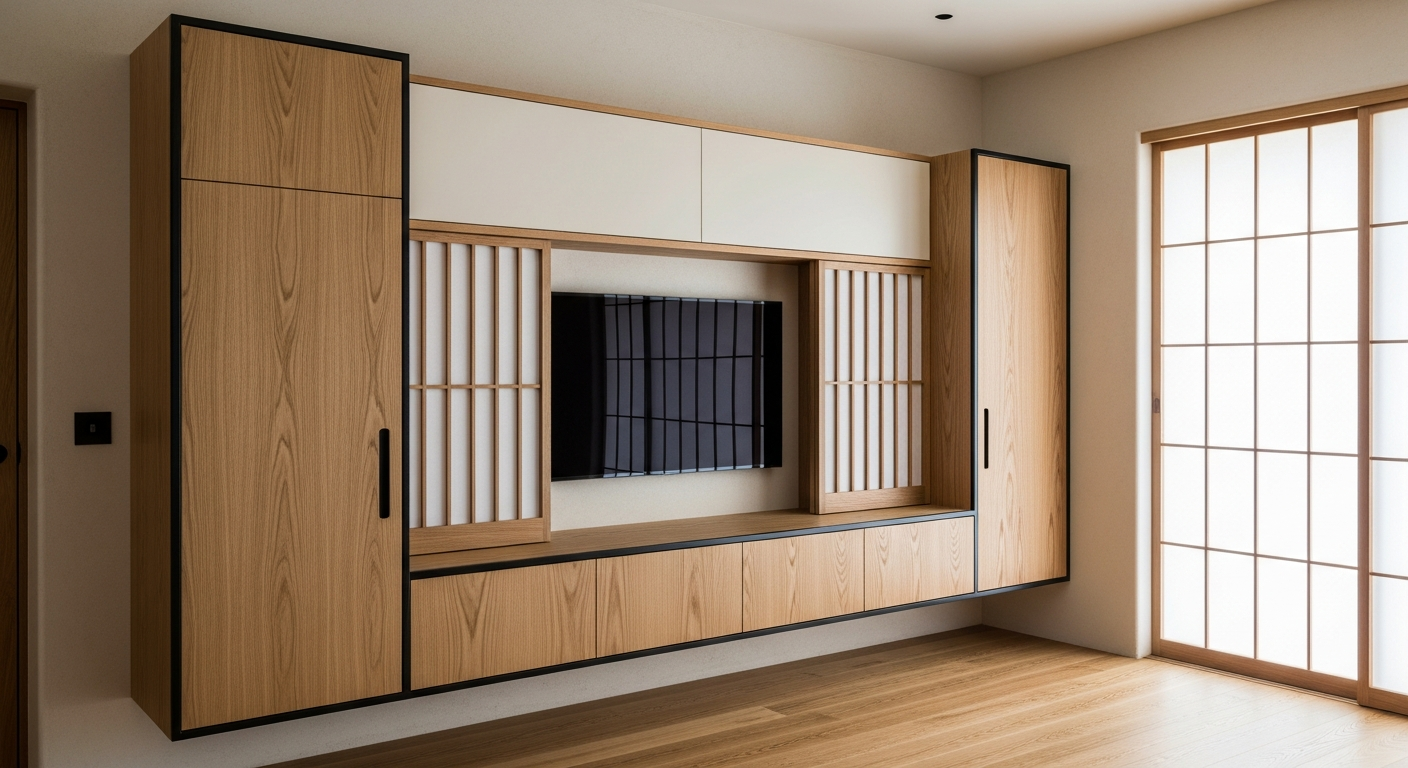 Japandi Oak Media Console with Shoji Screens in 304 Stainless Steel