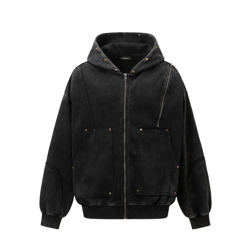 Unisex Winter Fleece Jackets with Pockets Zippers Washed Black/Dark Grey Hoodie Windproof Oversized Fit Vintage Style 3D