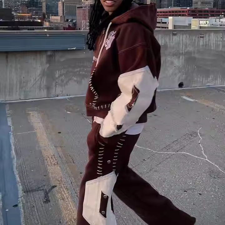 2025 Custom Reverse Embroidery Half Zipper Streetwear Tracksuit Pullover Acid Wash Distressed Flared Sweatpants and Hoodie Set