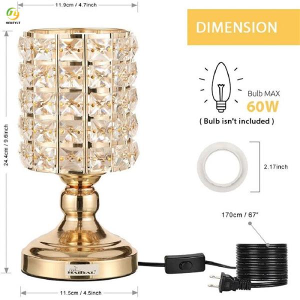 60W Metal Bedside LED Crystal Table Lamp E26 Bulb Base
