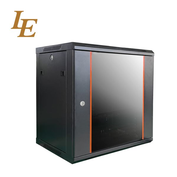 19 Inch Wall Mounted Rack Enclosure RAL9005 Black RAL9004 Black 4U 6U 9U 12U Metal Cabinet 600mm Width 450mm/600mm Depth Red/Orange/Blue Decorative Strips on Glass Front Door Disassembled Packing