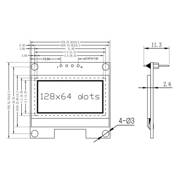 Пассивный дюйм I2C OLED матрицы 1,3 показывает штыри PCB 4 COG 128x64