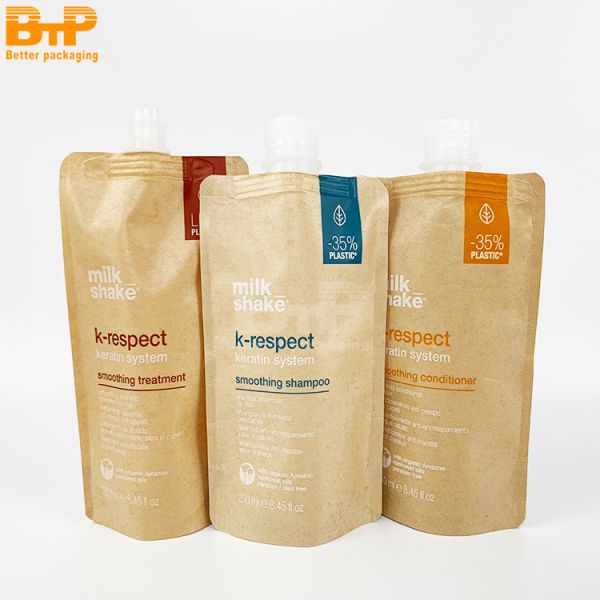 Eco Friendly Pouch Zipper Custom Printed Bag Packing Paper Biodegradable Kraft Packaging Spout Pouch Doypack for Liquid Shampoo