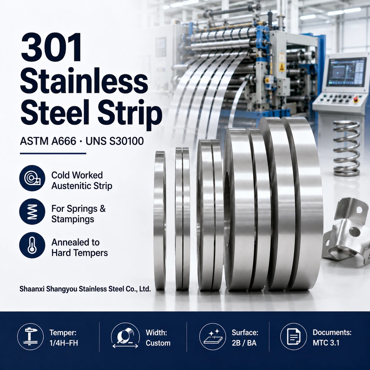 301 Stainless Steel Strip ASTM A666 301 Stainless Steel Strip for Springs and Stamping
