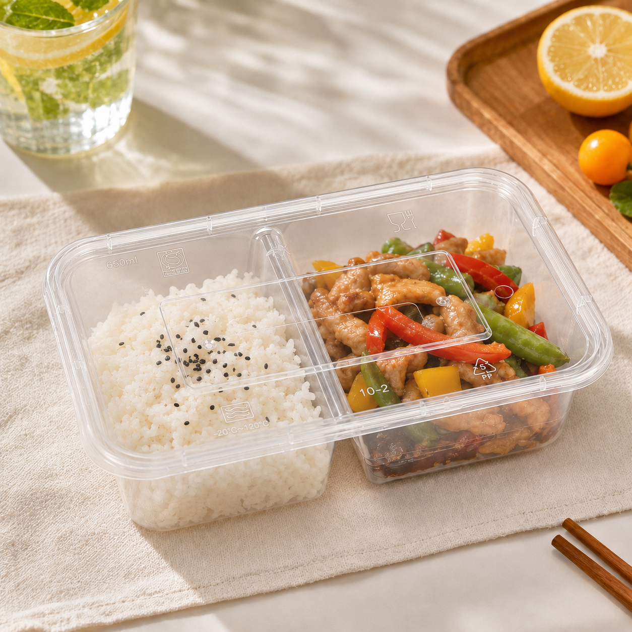 650ml PP Food Containers Two Compartment Balanced Meal Prep Box with Lid