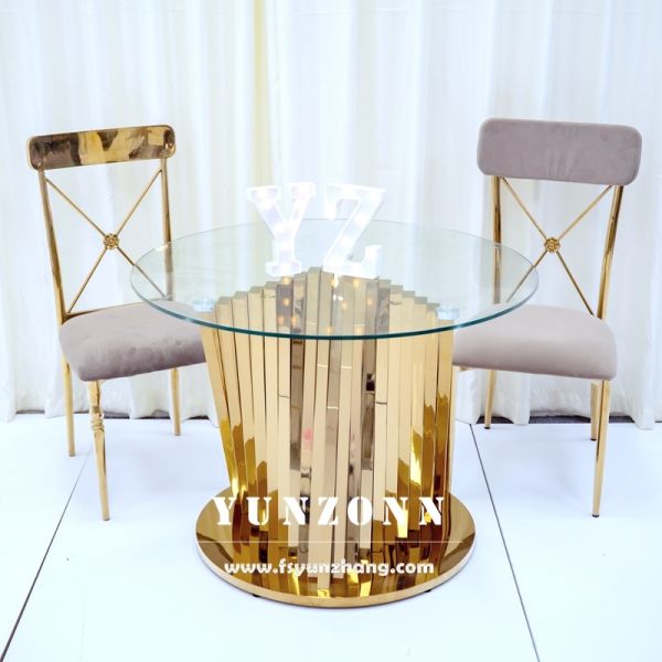 White Glass Wedding Display Cake Table with Round Gold Nest Base Stainless Steel for Hotel Furniture