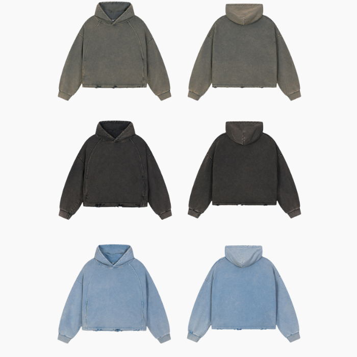 Men’s Wax-Dyed Cropped Hoodie 340G Oversized Streetwear Distressed Sweatshirt