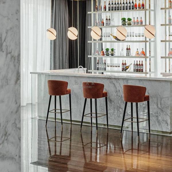 Modern Restaurant Chair Oak Wood Leg Fabric Bar Stool With Back