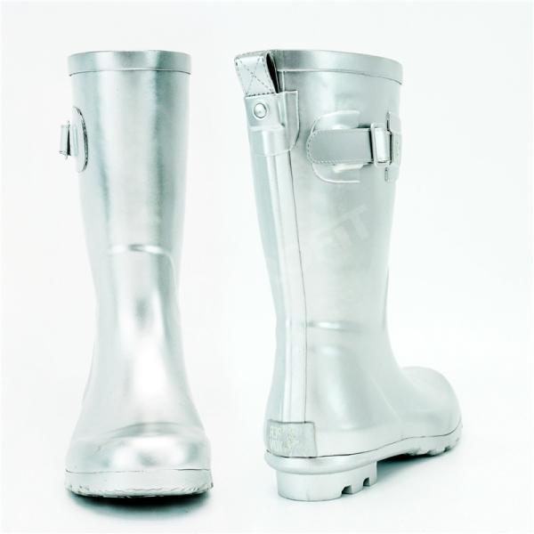 Silver Shiny Anti Skidding Waterproof Rubber Rain Boots Mid Calf