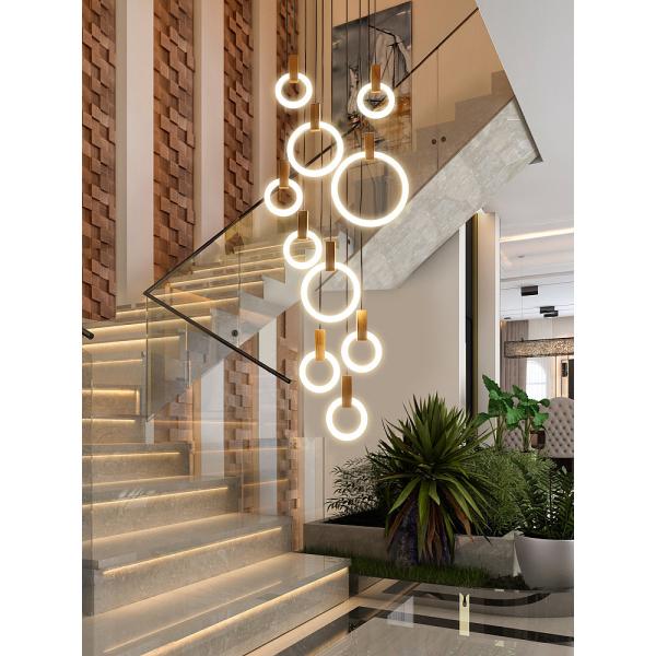 JYLIGHTING Anneaux en acrylique Suspension Lumineuse Escalier Bois Suspendu Moderne LED Lustre Plafond Nordique Salon Hôtel Pendentif