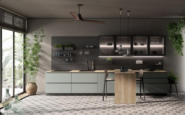 Armários de cozinha de PET de estilo verde-menta equipados com mesa de jantar de madeira