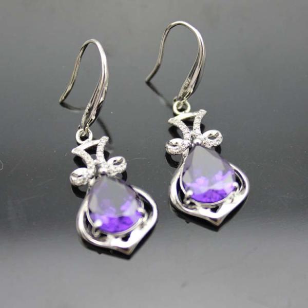 Fashion 925 Silver Pear Shape Amethyst Cubic Zircon Earrings（PSJ06005）