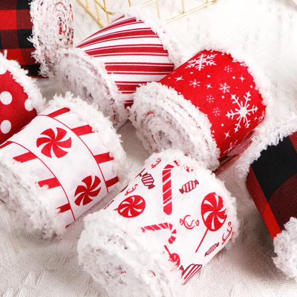 63MM MSD Christmas Wired Burlap Ribbon with Snow and Candy Print Create Festive Decor