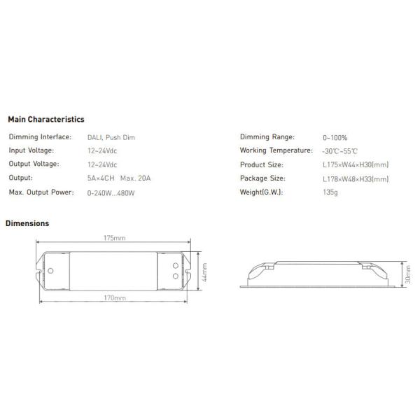 CV DALI Low Voltage Driver,12-24V DC 5A*4CH Constant Voltage Dali Driver