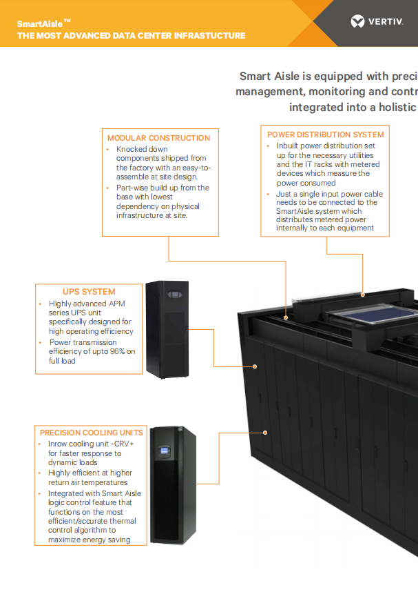 Vertiv SmartAisle Modular Data Center with Lead-Acid Battery, Air Cooling, and 380V System Voltage for Medium to Large Data Centers