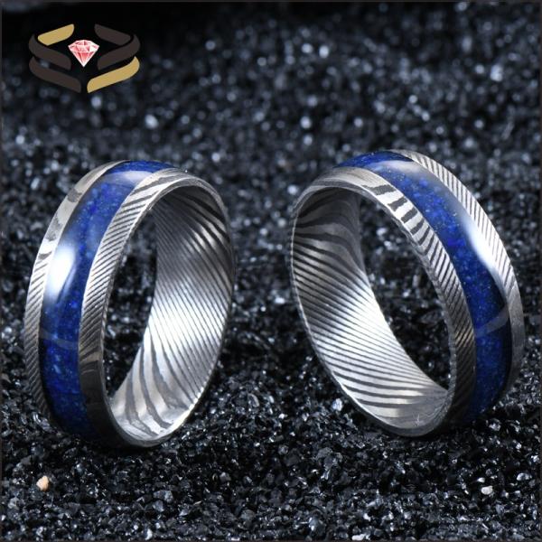Men'S Damascus Steel Wedding Band Third Party Appraisal 8mm With Lapis Lazuli Inlay