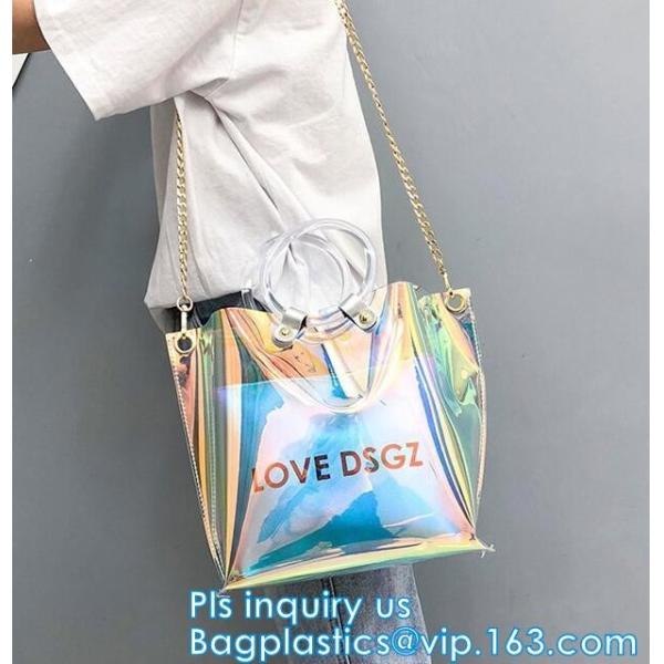 Promotional fashion soft pvc tote beach bag pvc handbag, handbag min min handbag for kids, Zipper Pocket Clear Beach Han