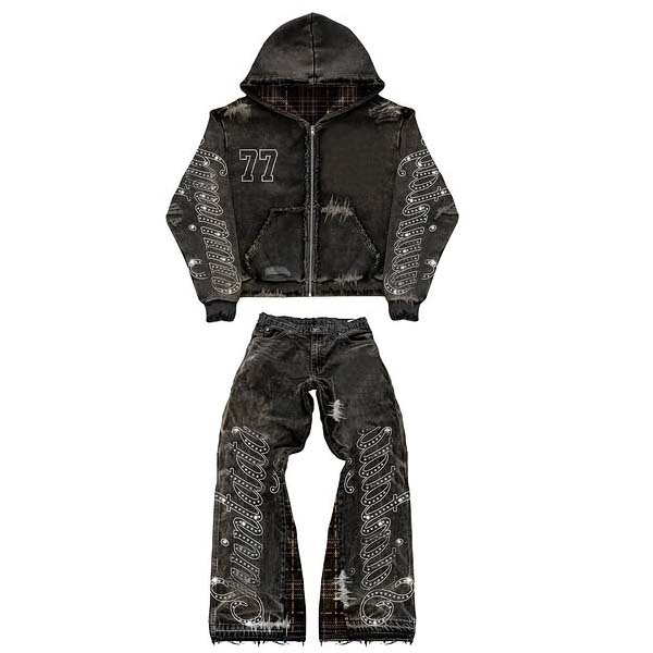 Manufacturer Custom Rhinestone Acid Wash Streetwear Tracksuit High Quality Sweatsuit Plaid Flared Sweatpants and Hoodie Sets