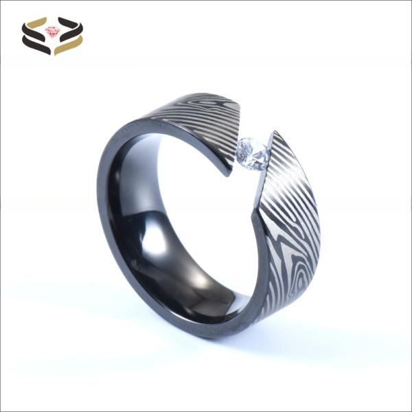 Men'S Titanium Rings Laser Damascus Steel Wood Grain Cubic Zirconia Inlayed