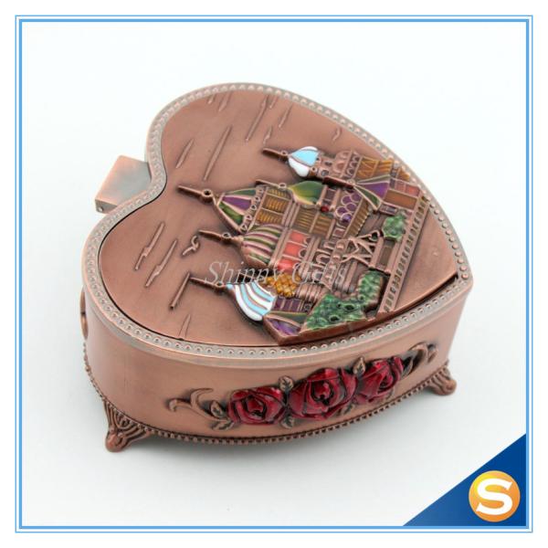 Castle Desgin Antique Brass Metal Heart Shape Jewelry Box