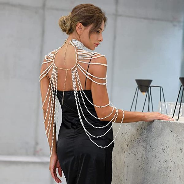 Women Pearl Body Chain Necklace Pearl Shoulder Chain Fashion Gorgeous Fadeless Pearl Jewelry