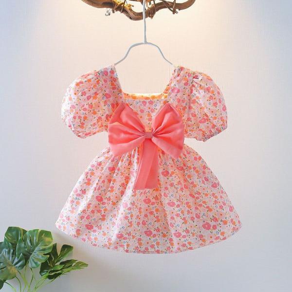 Summer Short Sleeve Girl'S Floral Bow Dress XXS XS S M L XL