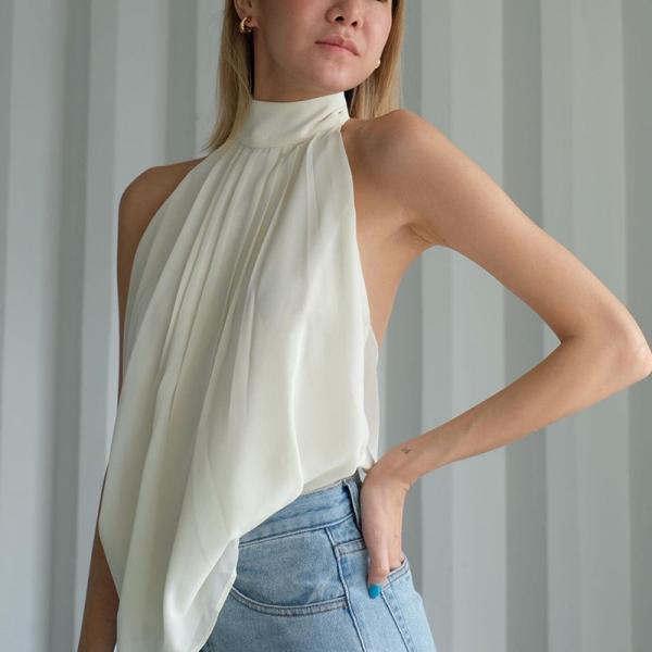 Temperament Hanging Neck Dewback Chiffon Pure Color Blouse Woman
