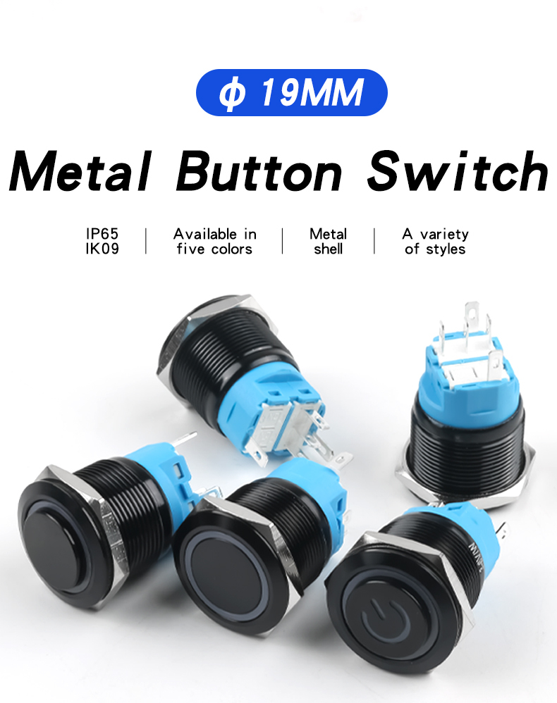 19MM Self‑Resetting Self‑Locking Black Metal Pushbutton Switch 1No1Nc Power Marking Ring‑Shaped Marking 6V/24V/220V Red Green