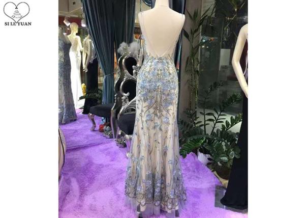Sleeveless Mermaid Style Prom Dress / Special Lace V Neck Ball Gown Backless