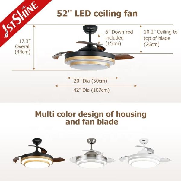 Ventilador de teto retrátil decorativo de ouro com motor de corrente contínua e serviço de soluções de iluminação