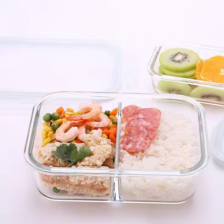 High Quality 2 Compartment Glass Lunch Box with Lids Microwavable Food Storage Containers for Kitchen Use