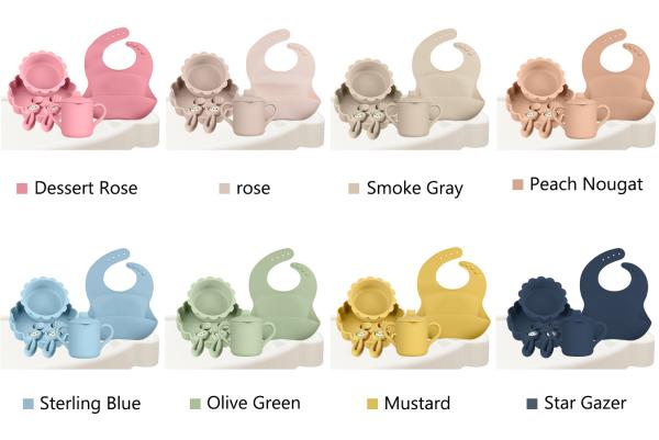 O bebê por atacado Geschirr conduziu desmamar o produto de alimentação do grupo dos utensílios de mesa do bebê do silicone da placa da bacia da colher da bacia da colher do babador do silicone