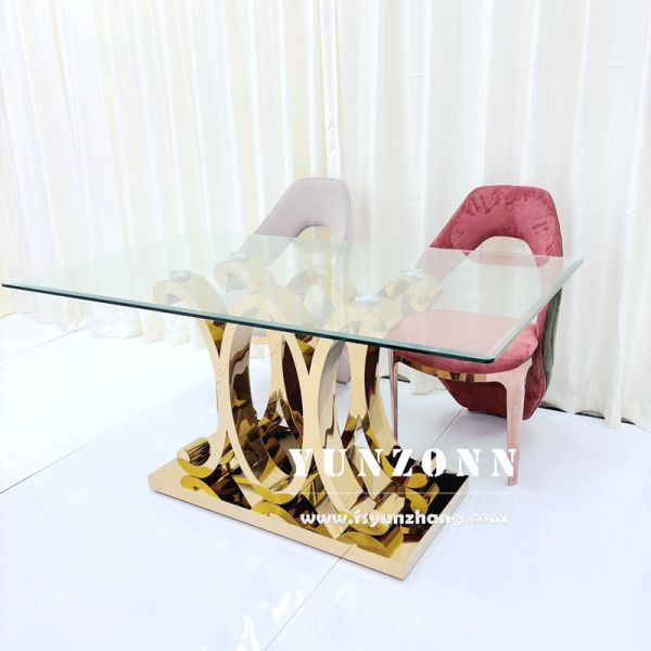 Special Golden Stainless Steel Luxury Glass Dining Table Sets for Bride and Groom for Wedding Events and Hotel Use