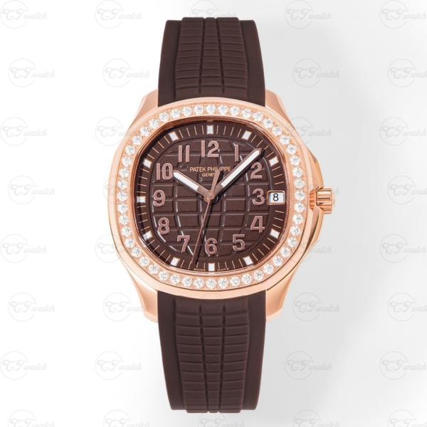 Patek Philippe Aquanaut en acier inoxydable, lunette diamants, cadran noir, bracelet en caoutchouc, montre automatique de luxe