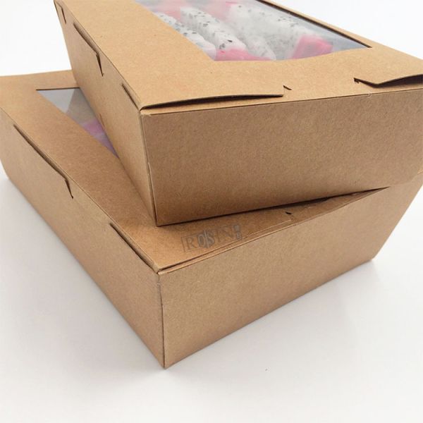 500ml to 2100ml Rectangle Box Kraft Paper Disposable Food Trays with Window for Fried Food