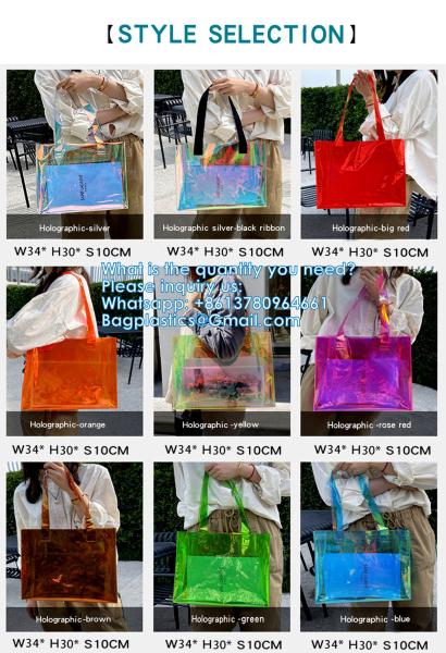 Wholesale Custom Rainbow Color Laser Shopping Bag Holographic Iridescent Jelly Clear PVC Tote Bag Popular Fashion Beach Accept Shiny Reusable Hologram Clear Laser Transparent Pvc Tote Bag