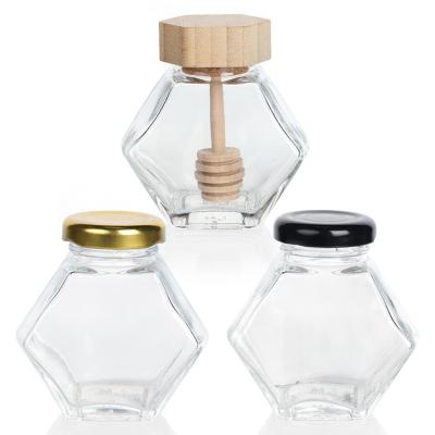 Hexagon Thickened Transparent Food Storage Different Sizes Glass Honey Jars With Sealed Metal Lids